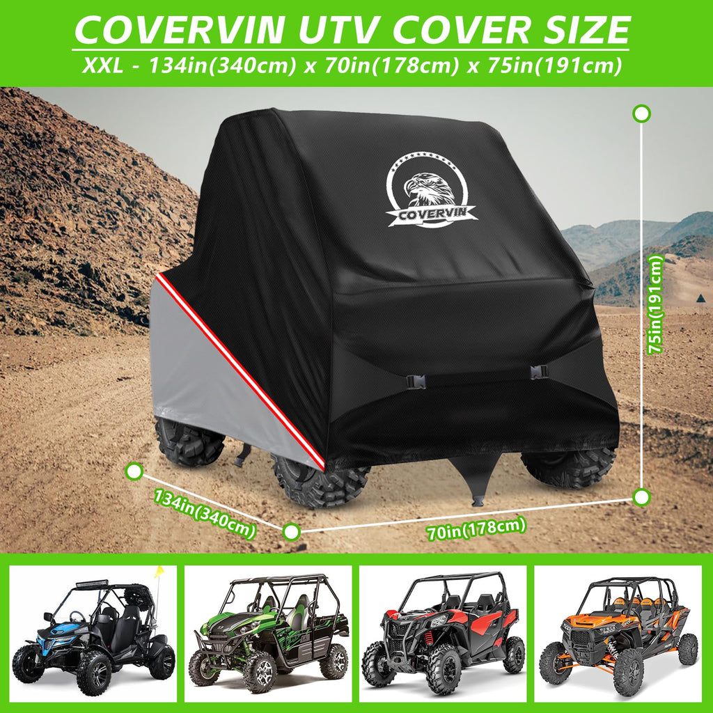 COVERVIN UTV Cover, Heavy Duty 420D Oxford Outdoor Waterproof Cover With Zipper Vent Triangle Straps,2-3 Seater For Polaris RZR Can-Am Yamaha Honda Kawasaki Suzuki (XXL 134